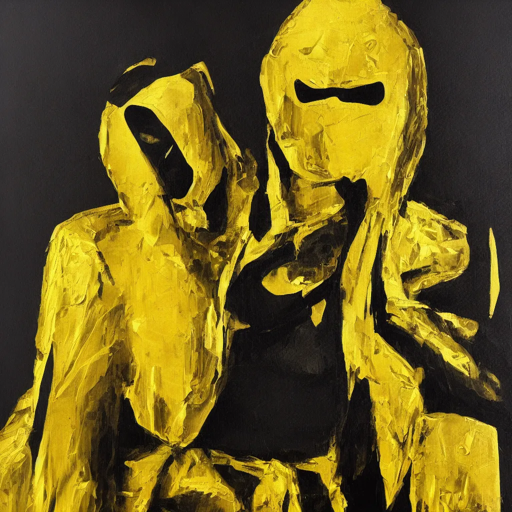 Image similar to android dressed in mask and robes, gold yellow and black colour scheme, canvas, oil paint style