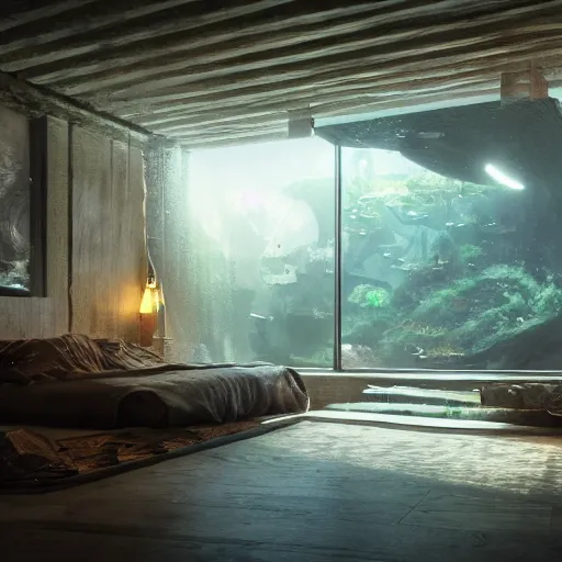 Image similar to a spacious room with freshwater aquariums as walls, dim light, hyper realistic, ambient lighting, concept art, intricate, hyper detailed, smooth, dynamic volumetric lighting, octane, raytrace, cinematic, high quality, high resolution, 4 k, cgsociety, rutkowski, gurney