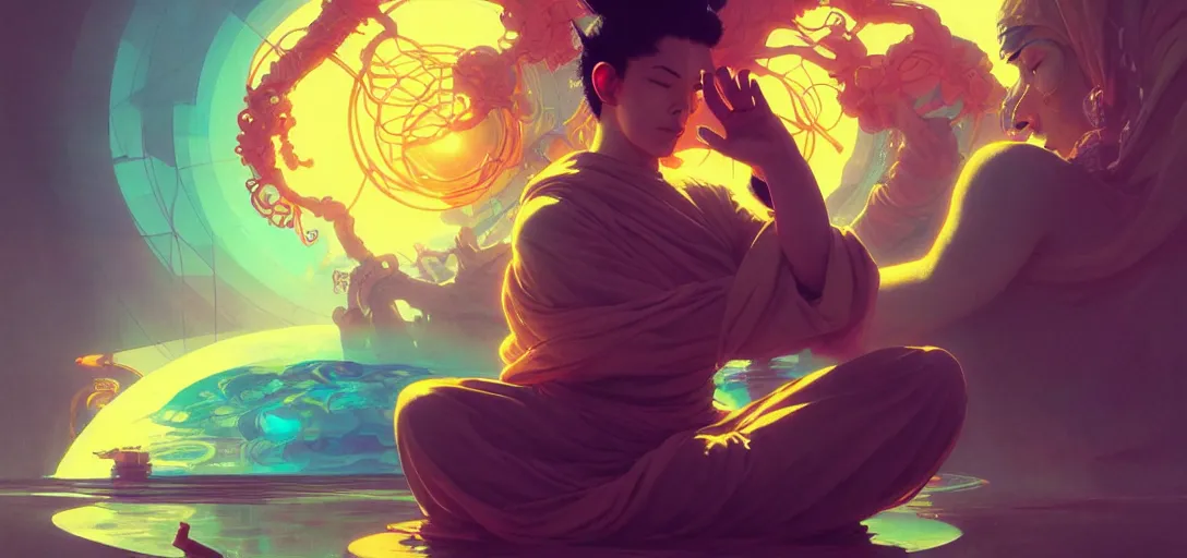 Image similar to a floating monk meditating, channeling swirling energy, wearing cyberpunk clothing, vaporwave aesthetic, colorful, psychedelic, digital painting, artstation, concept art, smooth, sharp focus, illustration, art by artgerm and greg rutkowski and alphonse mucha