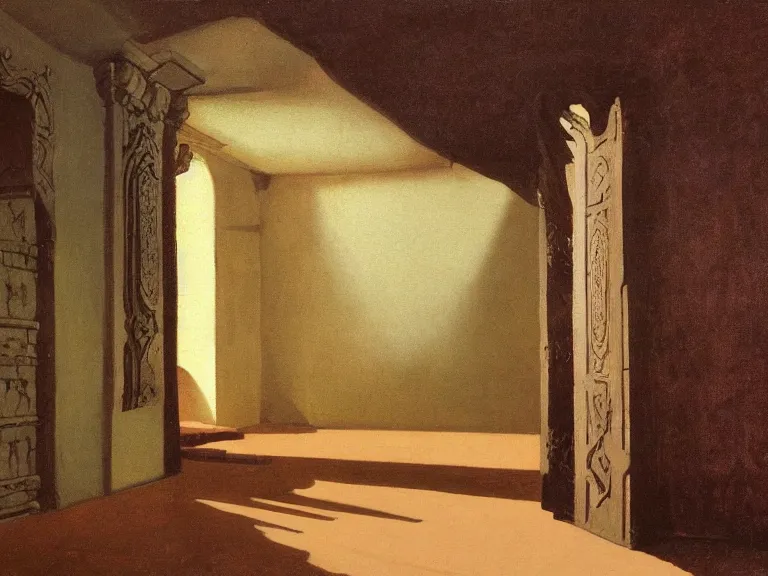 Image similar to a detailed oil painting of a dark arabian large ball room, pillar, ominous,, curtains, by caravaggio, by nicholas roerich, by gustave moreau, by frank frazetta, by hans emmenegger, by bruce pennington, by eyvind earle, moisture, grainy, highly detailed, realistic, outline, line,