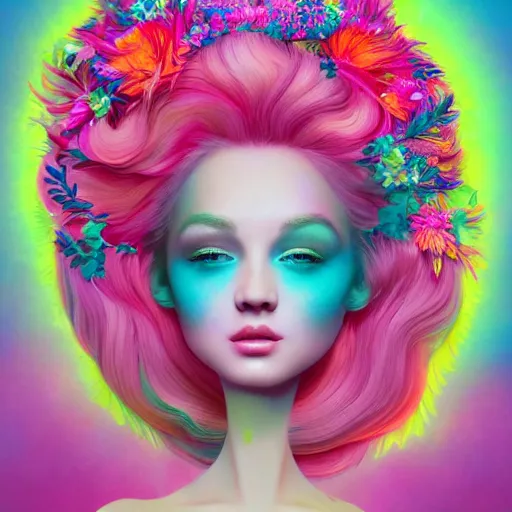 Image similar to a divine feminine woman, pink hair, rosey cheeks, sparkles on eyelids, surrounded by lush flowers and feathers in bright abstract colours, ultra realistic digital painting, artstation, concept art, pop, smooth, sharp focus, illustration, art by mark ryden, and lisa frank 3 d 8 k ultra detailed