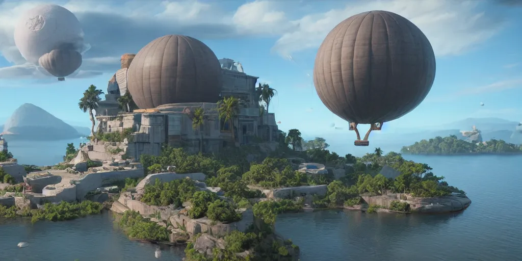 Prompt: a floating island with a huge ancient civilization floating through the sky with blimps flying around photorealism, unreal engine, 8 k, volumetric lighting, beeple style