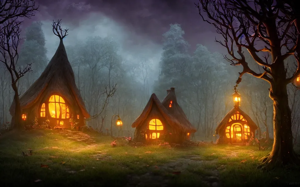 Prompt: gloomy fairytale forest with a singular witches cottage made of candy in the distance, visual novel key visual, award - winning digital art on pixiv, trending on artstation, cinematic lighting, dramatic lighting, epic cinematic, stunning and beautiful scenery - highly detailed, hyperrealistic, unreal engine 5, in the style of tim burton and guillermo del toro