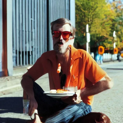 Image similar to hugh hopper on a street corner eating an orange and sipping pepsi