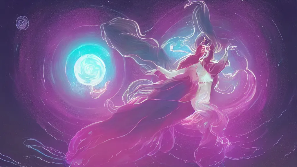 Image similar to a beautiful whimsical goddess floating above a lake basking in the moonlight, casting a spell, underneath a multi-colored binary blackhole with an accretion disc, glowing trails following her arms, acidwave, by Lois van Baarle, by Greg Rutkowski, by artgerm, by beeple, by studio ghibli, cinematic angle, volumetric lighting, 4k resolution, octane render, trending on artstation, masterpiece