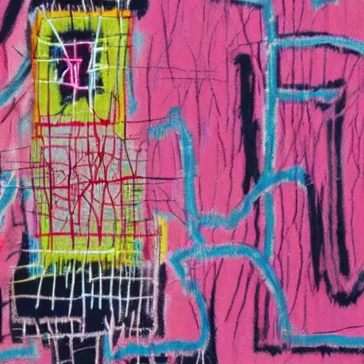 Prompt: wrinkled glowing radioactive electron microscope zoomed in to pastel fabric, jean - michel basquiat