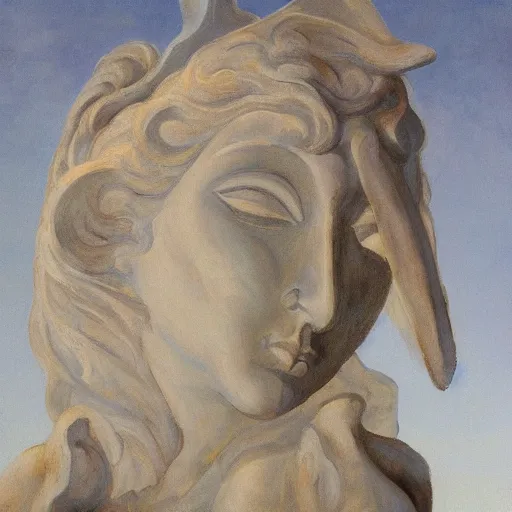 Image similar to a statue painted on a stage a feminine mask hovering above it, grey coulds surrounding,! winged victory samothrace! heavy brushstrokes oil painting, rodin style