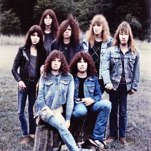 Image similar to group of 1 9 - year - old boys and girls with shaggy wavy hair, wearing double denim, proto - metal band promo, heavy rock band promo photo, early heavy metal, 1 9 7 5 photo