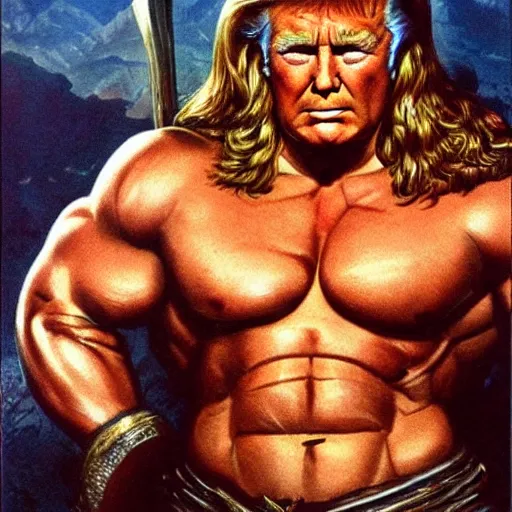 Image similar to extremely muscular Donald Trump looking like Conan the barbarian, fantasy, movie poster, by Frank Frazetta