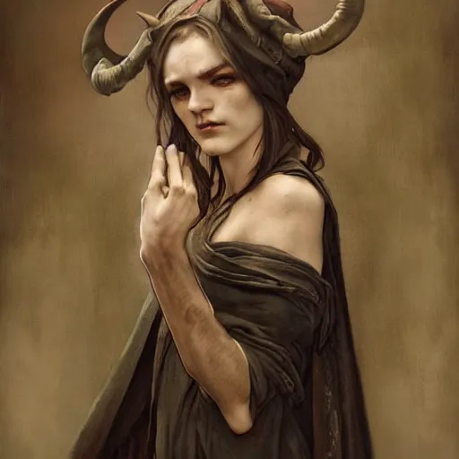 Image similar to masterpiece portrait of a surly and resentful female tiefling thief with horns clothed in ragged clothes and a cloak, by Greg Rutkowski and John Collier and Krenz Cushart and Artem Demura and Alphonse Mucha and Albert Aublet, as seen on ArtStation, 4k, dungeons and dragons, very aesthetic, very detailed, intricate, unreal, fantasy, dramatic, painterly, artstation, sharp focus, smooth