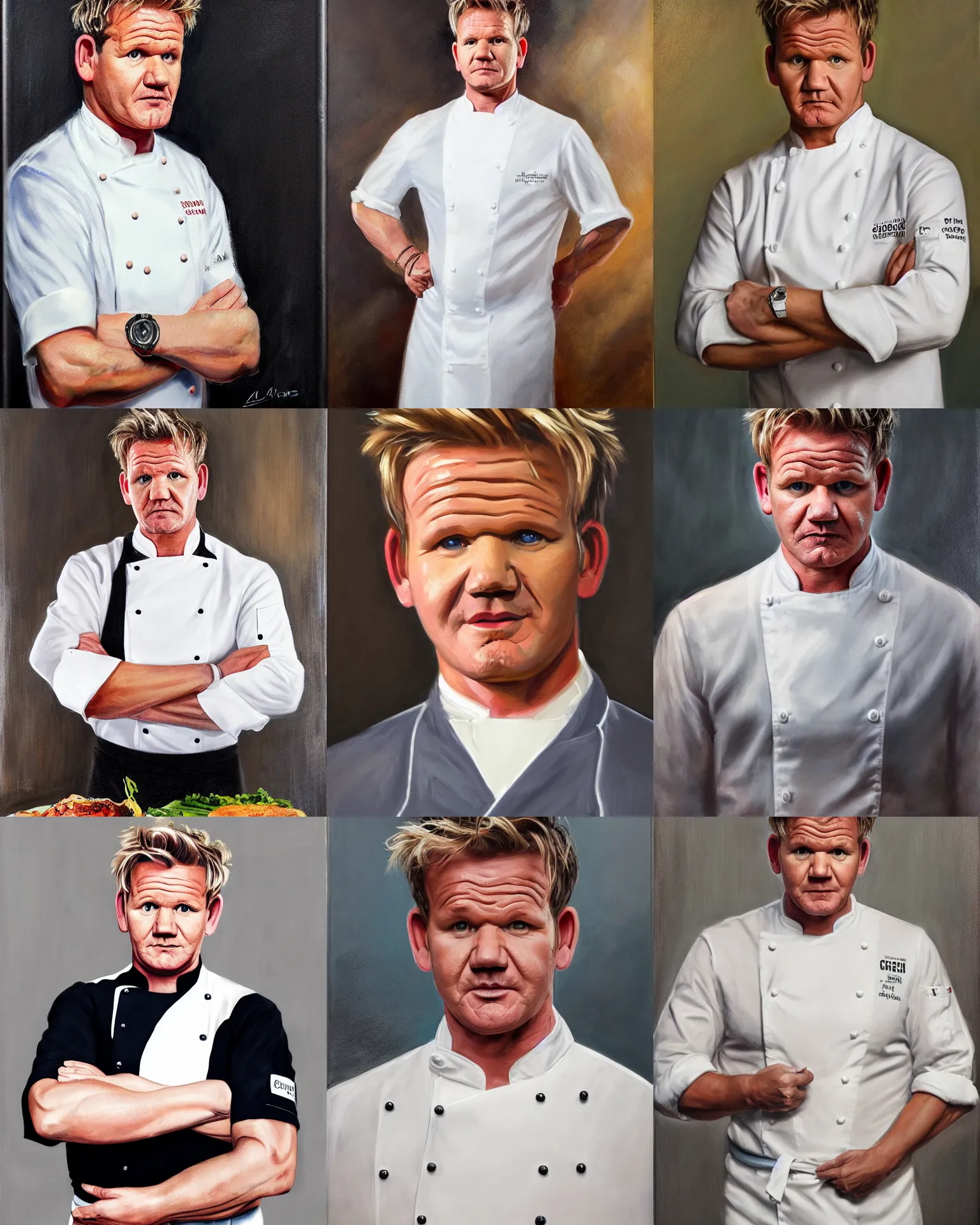 Prompt: A medium full shot of Gordon Ramsay wearing a chef uniform, oil on canvas, classicism style