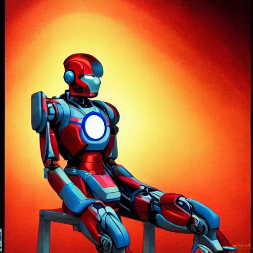 Prompt: a japanese voltroniron man based off of japanese culture sitting on chair in front of laptop in detailed gamer room, japanese anime robots, cyberpunk concept art, trending on artstation, highly detailed, digital art, 8 k, drawn by jean delville