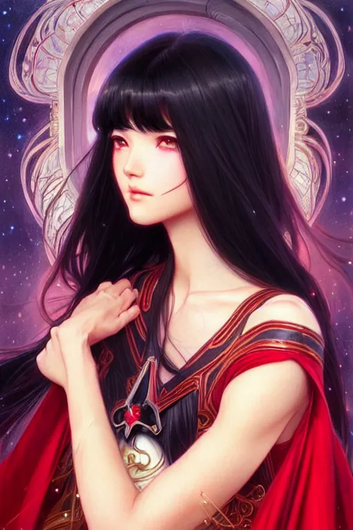 Image similar to a beautiful princess, long black hair and bangs, sailor mars aesthetic, fantasy, intricate, elegant, highly detailed, digital painting, artstation, concept art, matte, sharp focus, illustration, art by Artgerm and Greg Rutkowski and Alphonse Mucha