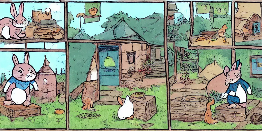 Prompt: anthropomorphic rabbit and cat dressed in cottagecore living in a cottage, the rabbit has a vegetable garden and the cat is fixing the roof, comic book art style, pictures in sequence, storyboarding, speech bubbles, colorized