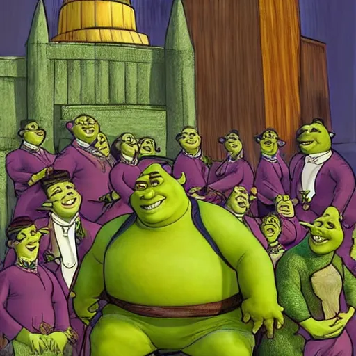 Prompt: Shrek singing in front of the UN assembly, a choir singing Shrek is love, Shrek is life, digital art, trending on pinterest