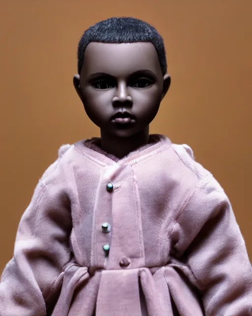 Image similar to high quality presentation photo of a cute Kanye West porcelain doll in the style of mark ryden photography 4k, f1.8 anamorphic, bokeh, 4k, Canon, Nikon