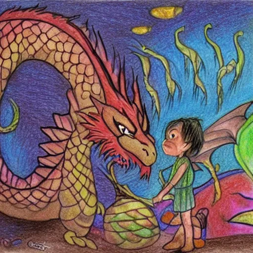 Prompt: breadwing the dragon, colored pencil drawing, children’s book, award-winning illustrator