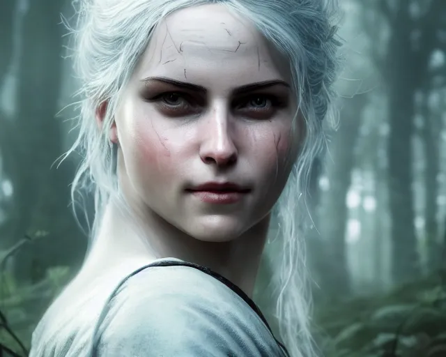 Image similar to 5 5 mm portrait photo of a real life ciri with a long face scar across her left cheek, in a magical forest. dark atmosphere. art by greg rutkowski. highly detailed 8 k. intricate. lifelike. soft light. nikon d 8 5 0.