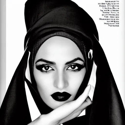 Prompt: a beautiful professional black and white photograph by hamir sardar, herb ritts and ellen von unwerh for the cover of vogue magazine of a beautiful and unusually attractive moroccan female fashion model looking at the camera in a flirtatious way, zeiss 5 0 mm f 1. 8 lens