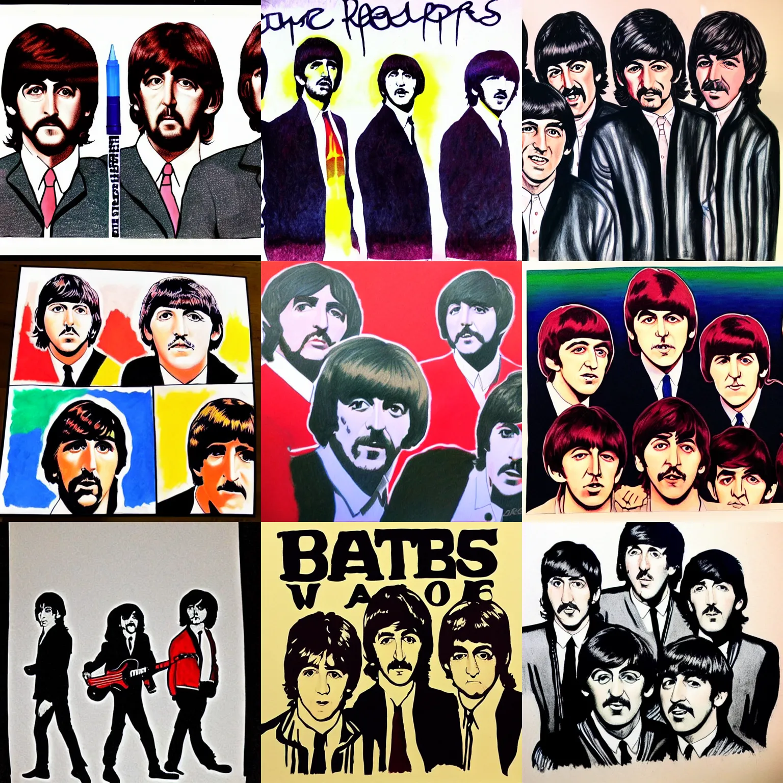 Prompt: a Color marker drawing of The Beatles