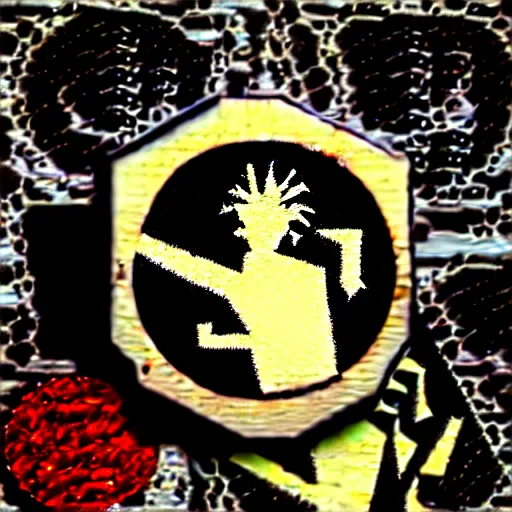 Image similar to painting on a badge!!!!, punks not dead!!!!, exploited!!, clash, junk yard, rats!!, god save the queen!!!, punk rock album cover art style, grunge, no future!!!!, glitch effect