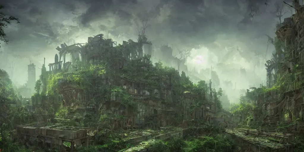 Image similar to concept art of an abandoned city in ruins, overgrown by a lush green forest, dramatic lighting, trending on Artstation, 8k, highly realistic, hyper detailed, unreal engine 5, IMAX quality, photorealistic, cinematic, epic lighting, in the style of Peter Mohrbacher and Peter Gric