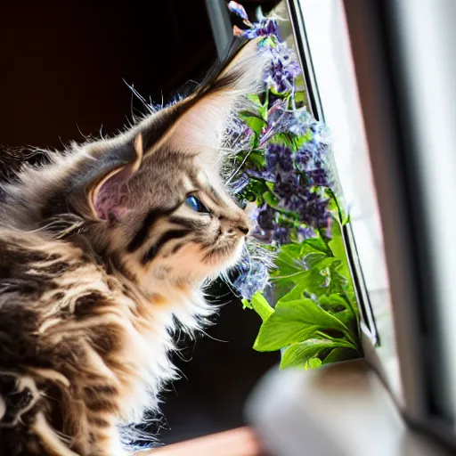 Image similar to medium - shot view from the back of a backlit maine coon kitten gazing out a sunny window on a warm day and watching the flowers. 3 5 mm, f / 1 1. 0, is 1 0 0