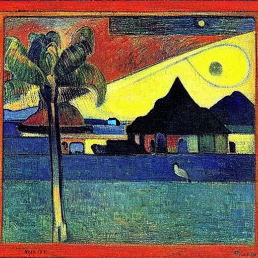 Image similar to view of tahiti at Night by gauguin, by piet mondrian