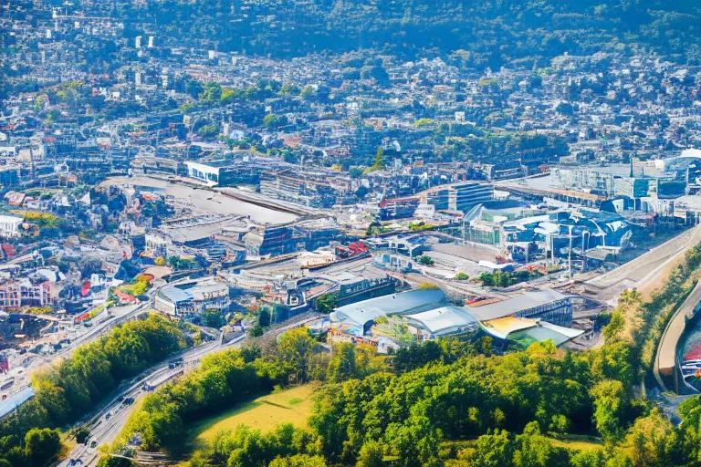 Prompt: bird's eye view photography of a small city. town hall, central farm, monorail station, beach and shipping dock. hills, woods and lake to the north.