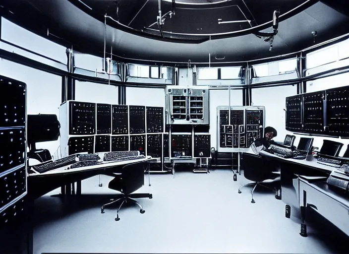 Image similar to realistic photo interior of the spacious chrome metal polished sci - fi medieval expensive room observatory scientific interior with dozens of computers and displays 1 9 9 0, life magazine reportage photo