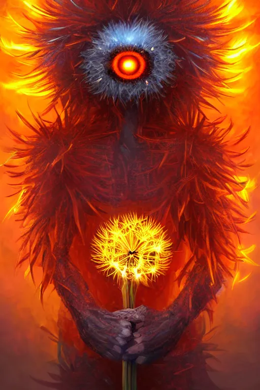 Image similar to a glowing humanoid figure dandelion monster with large glowing eyes, surrounded by fiery orange, highly detailed, digital art, sharp focus, trending on art station, artichoke, anime art style