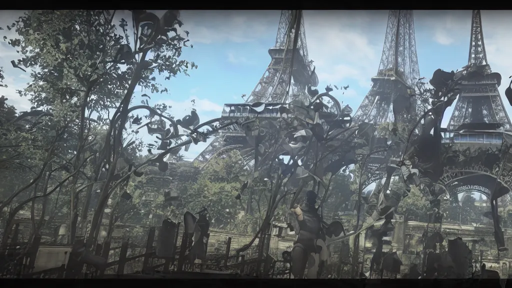 Prompt: Screenshot from Nier Automata, near the Eiffel tower in Paris