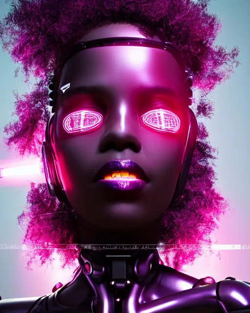 Image similar to portrait of a beautiful black woman with pink hair as a cyberpunk cyborg half robot, revealing wires and electronics, sci - fi, missing panels, intricate abstract upper body intricate artwork, concept art, octane render, deviantart, cinematic, key art, hyperrealism, iridescent accents, portrait photograph, nikon 3 5 mm, photograph by greg rutkowski