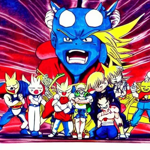 Image similar to it's an anime drawing by akira toriyama, it depicts characters from one of his manga series. the central figure is a blue demon, his arm raised, ready to fight. the background is black, there is a red moon in the sky, which is slightly demonic. the effect is rather sinister.