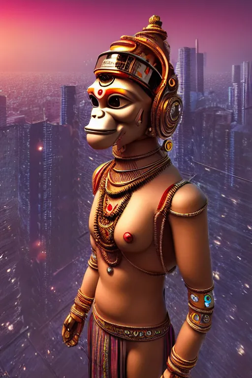 Image similar to high quality 3 d render very cute cyborg!! hanuman! madhubani, highly detailed, cyberpunk mumbai in the background, unreal engine cinematic smooth, in the style of solaris, hannah yata charlie immer, moody light, low angle, uhd 8 k, sharp focus