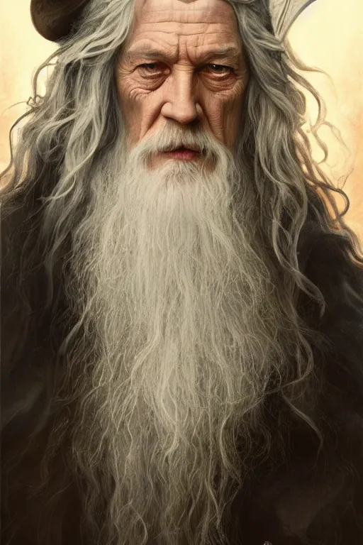 Image similar to Gandalf from Lord of the Rings, diffuse lighting, fantasy, intricate, elegant, highly detailed, lifelike, photorealistic, digital painting, artstation, illustration, concept art, smooth, sharp focus, art by John Collier and Albert Aublet and Krenz Cushart and Artem Demura and Alphonse Mucha