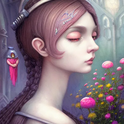 Prompt: profile medieval nicoletta ceccoli, mark ryden, lostfish, hyung tae, frank frazetta, face portrait of cyberpunk girl surrounded by flowers portrait, hyper realistic, artstation, illustration, digital paint, matte paint, vivid colors, bright, cheerful, detailed and intricate environment - h 7 0 4