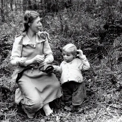 Prompt: Mother and child gathering mushrooms Black Forest Germany 1946