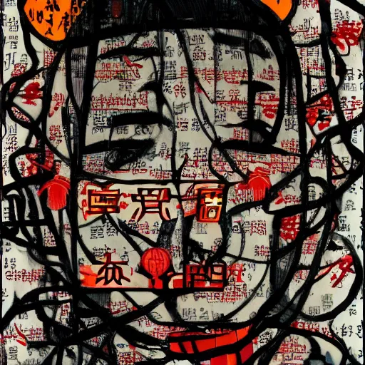 Image similar to chinese men in a prison, heart kidney lungs, in the style of daniel johnston and outsider art, 4k, overlaid with chinese text