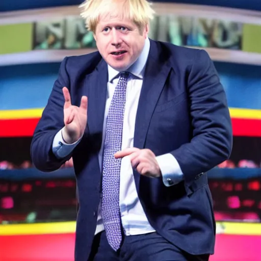 Image similar to boris johnson wearing a blue baseball cap hat and jeans in wwe as a muscular wrestler. he is holding one hand near his face