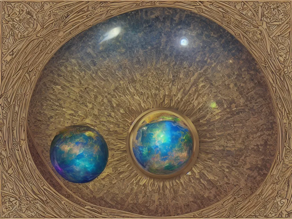 Image similar to 3 d render, sunlight study, the universe is a spheroid region 7 0 5 meters in diameter, art nouveau, by clara peeters and ( ( ( ( ( lisa frank ) ) ) ) ), 8 k, sharp focus, octane render