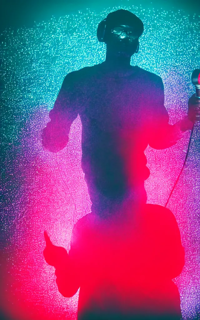 Image similar to man holding a microphone and rapping, epic pose, medium close-up, silhouetted, distinct figure, psychedelic hip-hop, laser light show, fog, beams of light