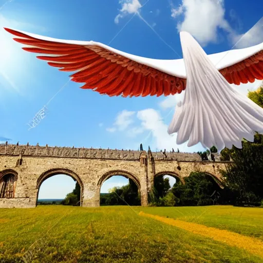 Image similar to toilet paper with long wingspan majestic flying over beautiful medieval background