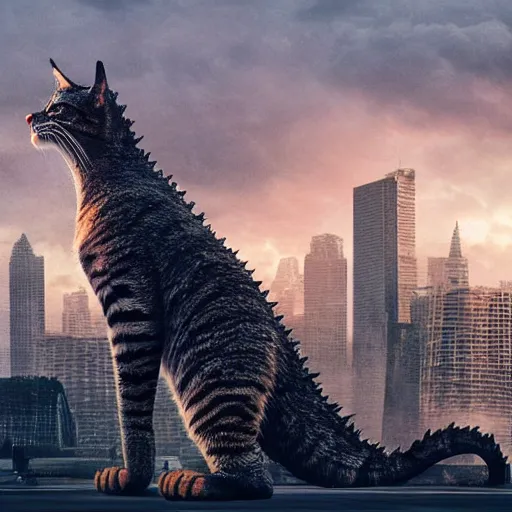 Image similar to a giant cat standing on hind legs destroying city, style of godzilla, low angle, realistic, 8 k