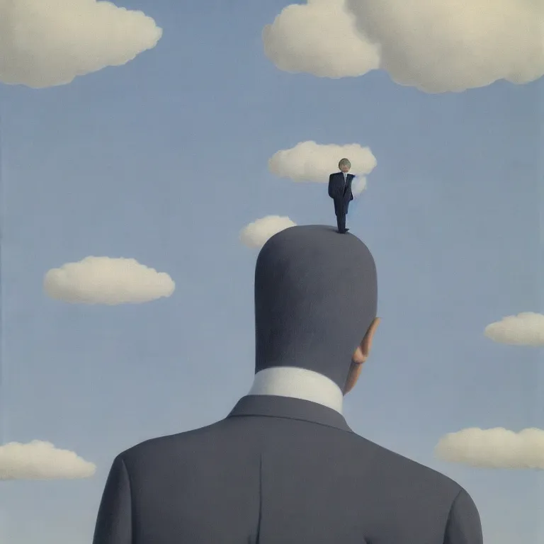 Image similar to portrait of a faceless shadow - head man in a suit, clouds in the background, by rene magritte, detailed painting, distance, centered, hd, hq, high resolution, high detail, 4 k, 8 k