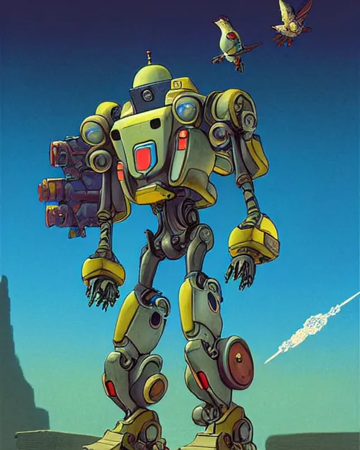 Image similar to bastion the friendly robot from overwatch, with his pet bird, character portrait, portrait, close up, concept art, intricate details, highly detailed, vintage sci - fi poster, retro future, in the style of chris foss, rodger dean, moebius, michael whelan, katsuhiro otomo, and gustave dore