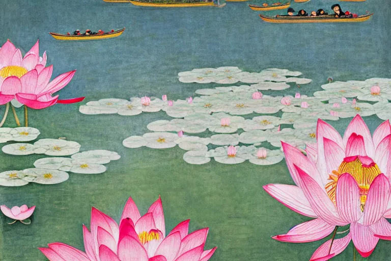 Image similar to an ultradetailed landscape painting of westlake in china hangzhou, lotus, may flowers blossoms nearby, fine wind, chinese water color, smooth, sharp focus, illustration, by hilma af klint, 8 k