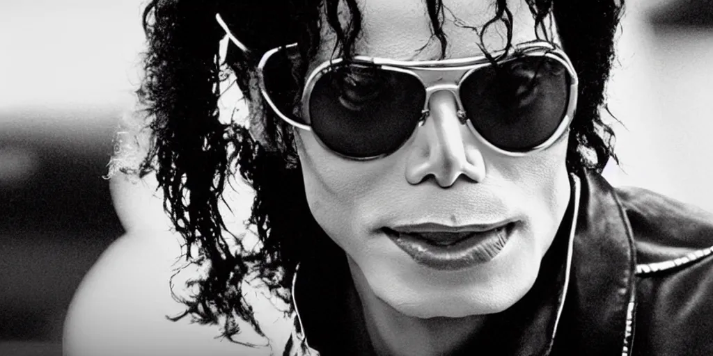 Image similar to michael jackson by himself 2 0 0 9 style wearing shades, studio solo, this is it style, photo real, skin pores, motion blur, solo, by himself, heroic pose, real life, spotted, ultra realistic face, accurate, 4 k, movie still, uhd, sharp, detailed, cinematic, render, modern