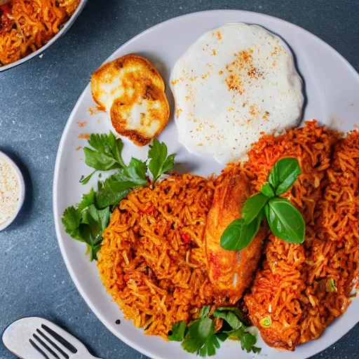 Prompt: jollof rice with fried haloumi cheese on the side