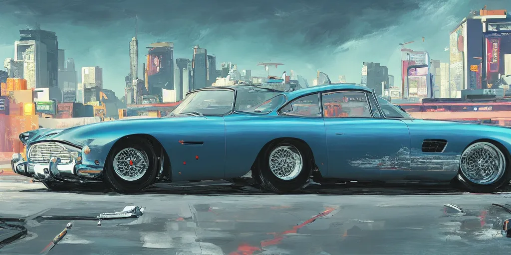 Image similar to art style by Ben Aronson and Edward Hopper and Syd Mead, wide shot view of the Cyberpunk 2077, on ground level. full view of the Aston Martin DB4 1958 with wide body kit modification and dark pearlescent holographic paint, has gullwing doors open.
